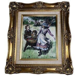 Ornate Framed Hand Painted MARVETTI Engraving Guild Signed Apple Picking Vtg